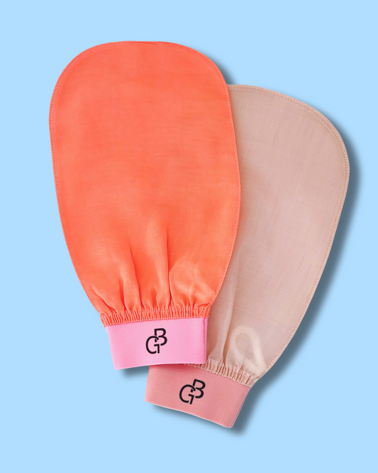 Glovebite silk exfoliating glove bundle, Silk exfoliating mitt: smooth, blemish-free skin, reduce strawberry skin, improve keratosis pilaris, remove sebum, achieve glowing complexion. Shop now!